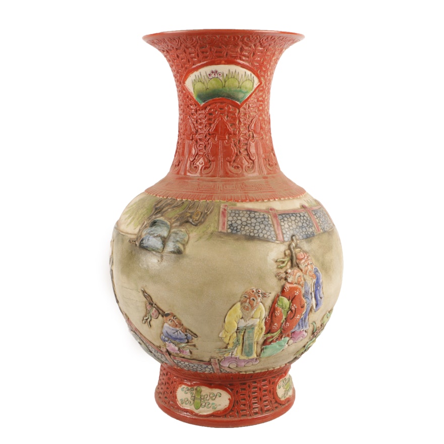 Chinese Hand-Painted Embossed Ceramic Vase with a Figural Scene