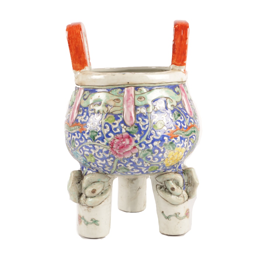 Chinese Hand-Painted Dragon and Floral Themed Footed Porcelain Censer
