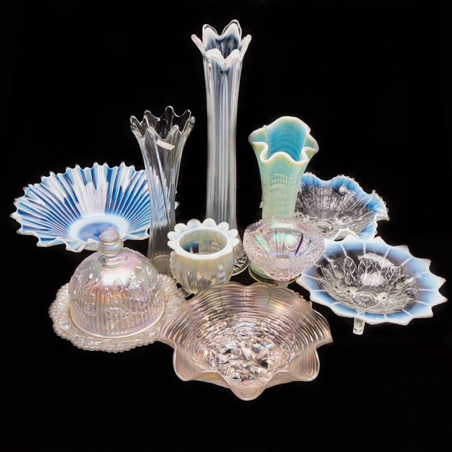 Iridescent and Opalescent Glass Swung Vases and Decor including Imperial Glass