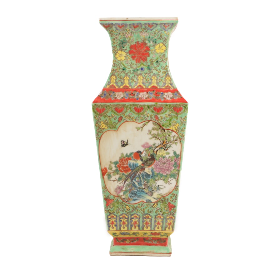 Chinese Famille Verte Style Flower and Bird Themed Ceramic Vase