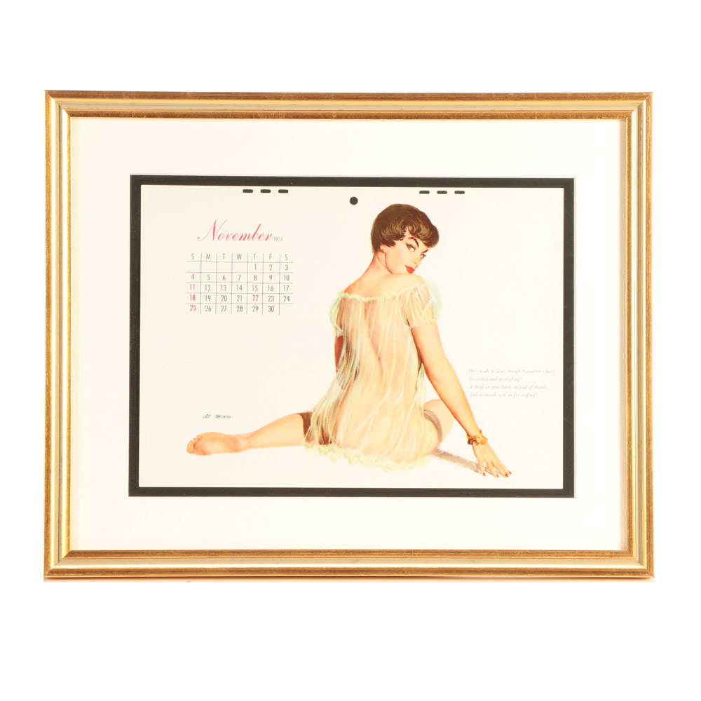 Vintage 1951 Calendar Page Featuring Al Moore Pin-up Illustration