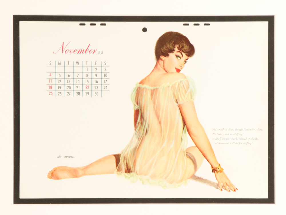 Vintage 1951 Calendar Page Featuring Al Moore Pin-up Illustration