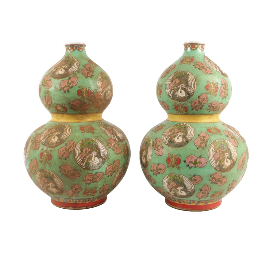 Chinese Famille Verte Style Peach and Crane Themed Double Gourd Shaped Vases
