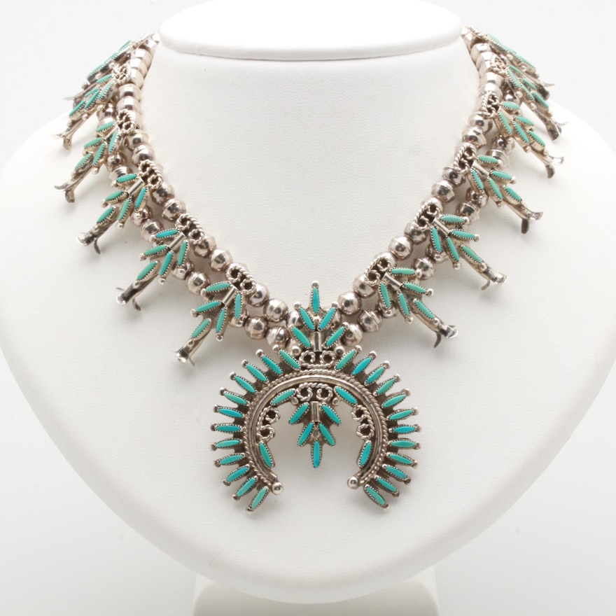 Southwestern Style Sterling Silver Turquoise Squash Blossom Necklac