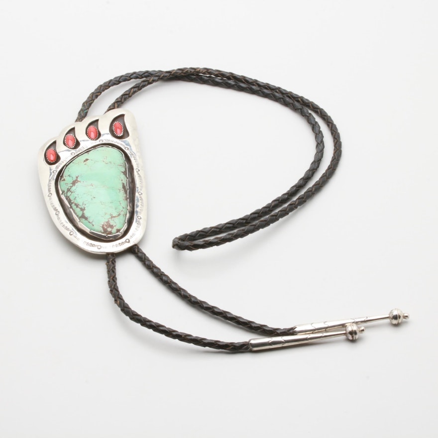 Kenny Jack Sterling Silver Turquoise and Coral Bear Paw Shadow Box Bolo Tie