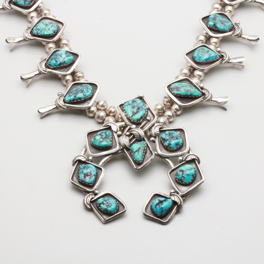 Southwestern Style Sterling Silver Turquoise Squash Blossom Necklace