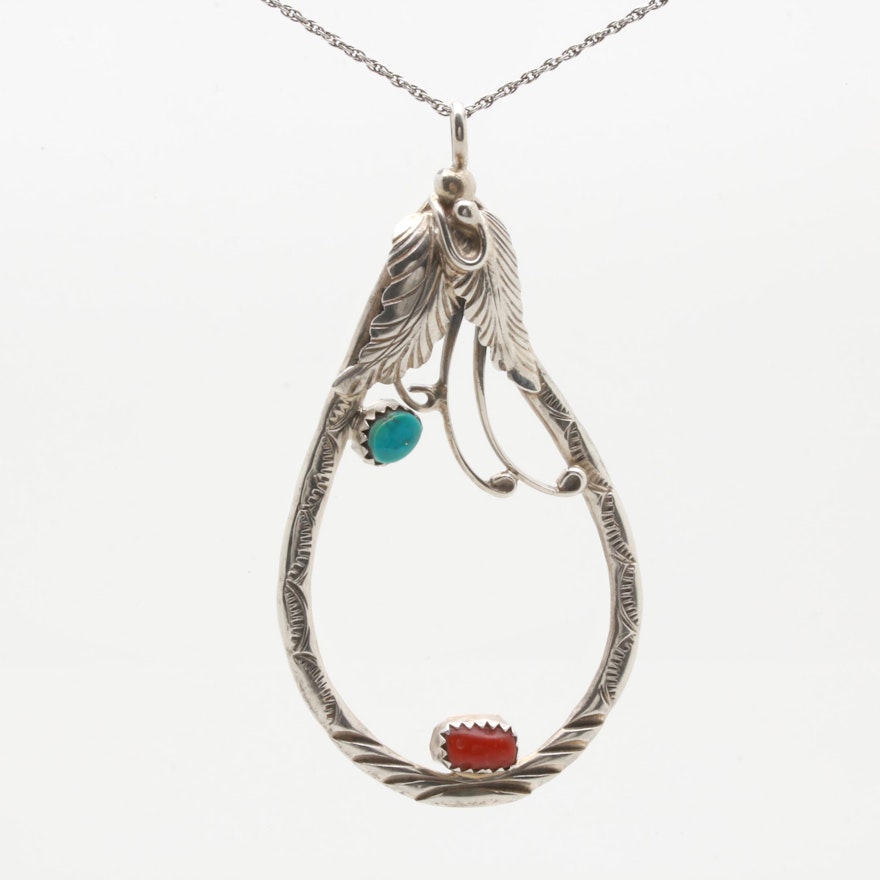 Southwestern Style Sterling Silver Turquoise and Coral Necklace
