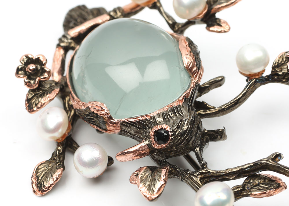 Sterling 25.18 CT Aquamarine, Pearl and Black Spinel Bird Brooch with Rose Gold
