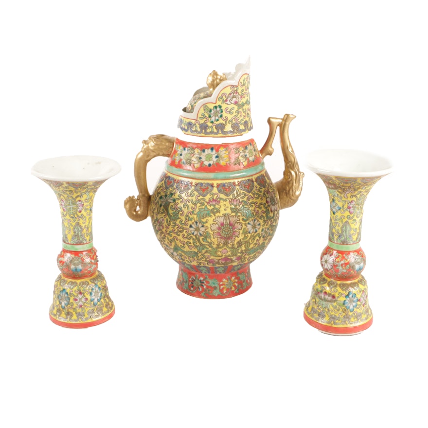 Chinese Hand-Painted Famille Jaune Style Porcelain Pitcher and Vases