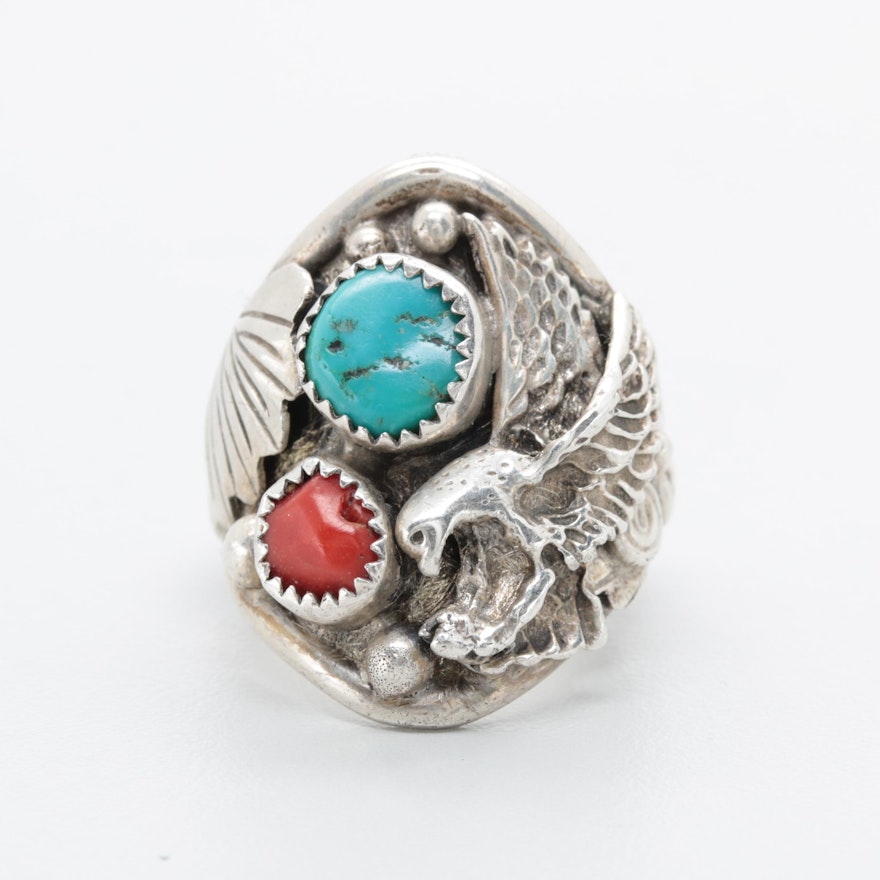 Richard and Rita Begay Navajo Diné Sterling Silver Turquoise and Coral Ring