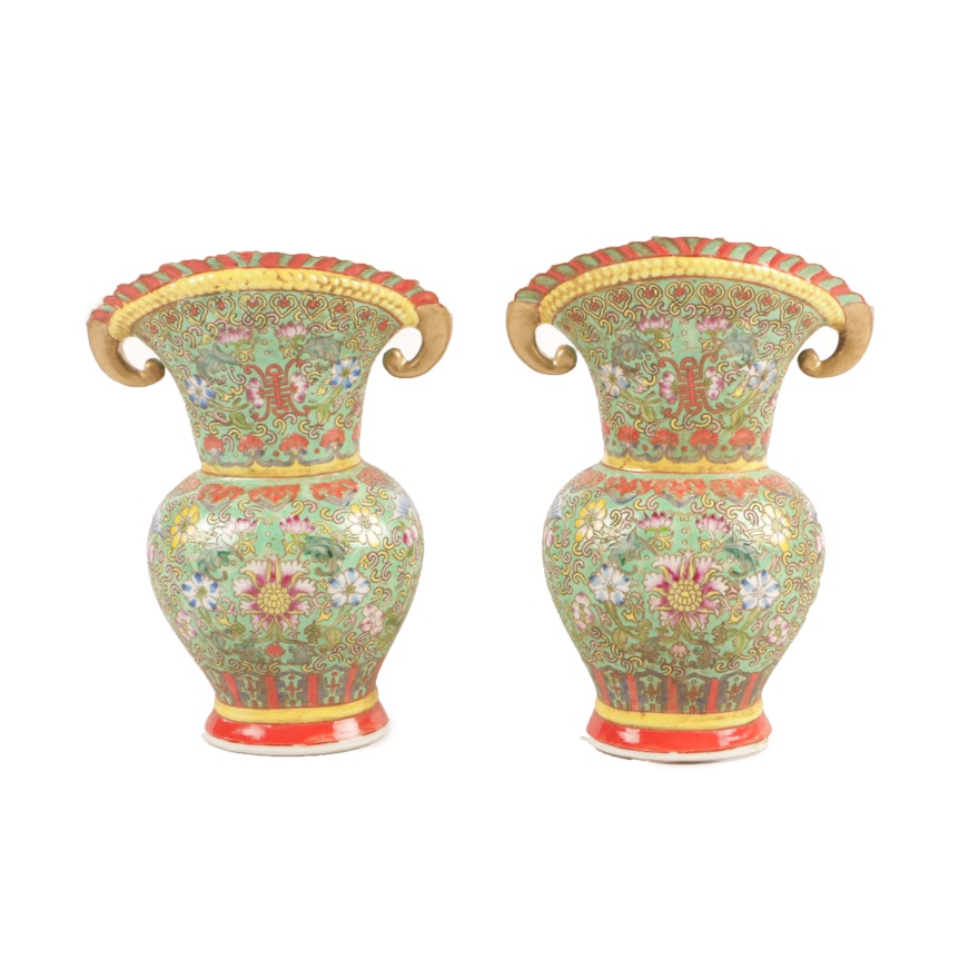 Chinese Famille Verte Style Porcelain Flared Vases with Gilt Accents