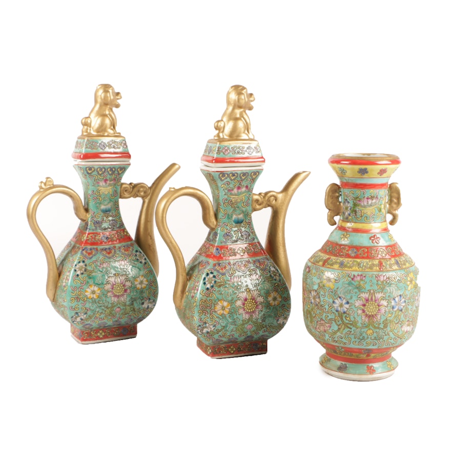 Chinese Porcelain Teapots with Figural Finials and Gilt Trim