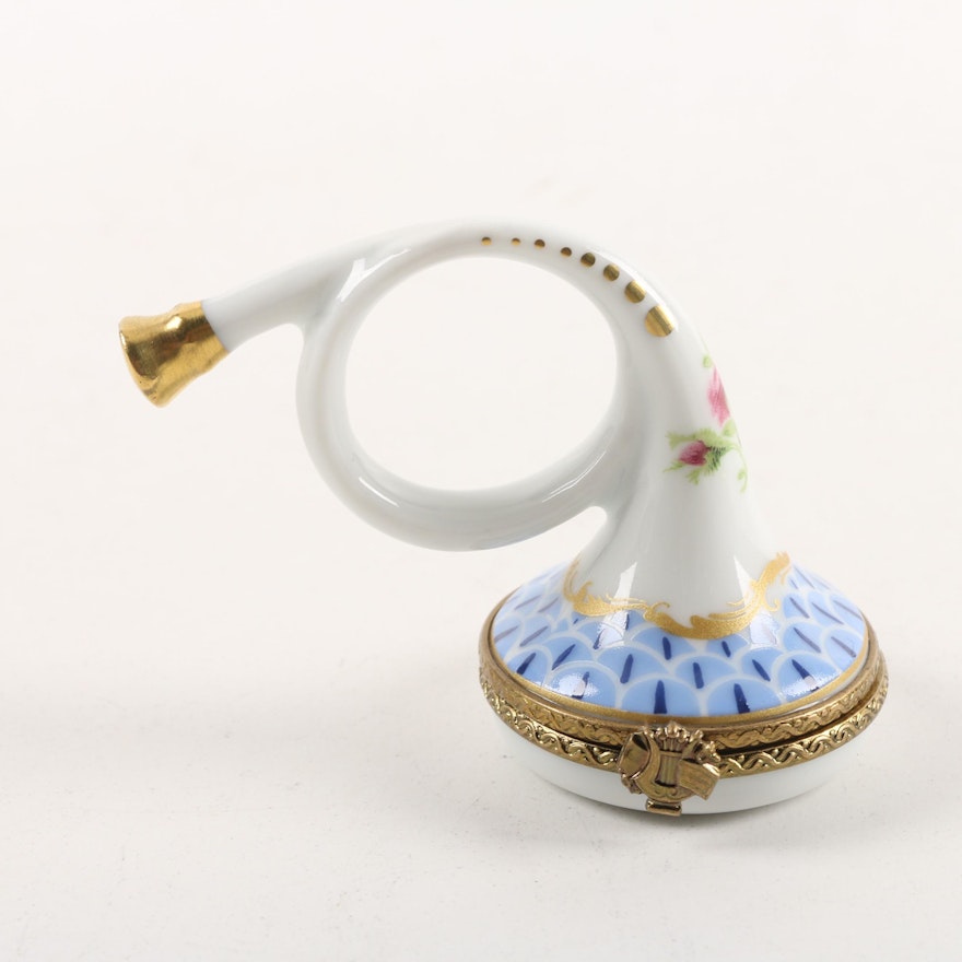 Limoges Porcelain Petite French Horn Trinket Box