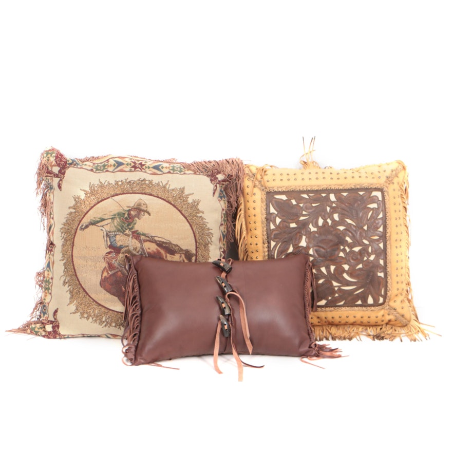 Three Western Themed Accent Throw Pillows Including Leather