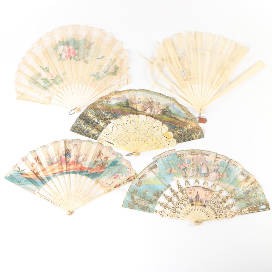 Antique Bone Fans with Hand-Painted Silk and Paper Leaves