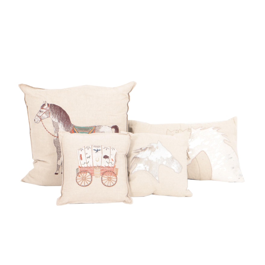 Four Linen Embroidered Throw Pillows Including Coral & Tusk