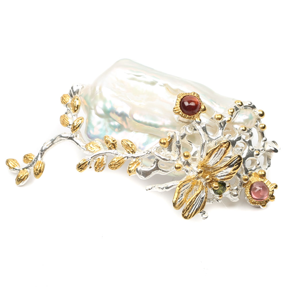 Sterling Freshwater Pearl, Garnet and Chrome Diopside Bee Brooch