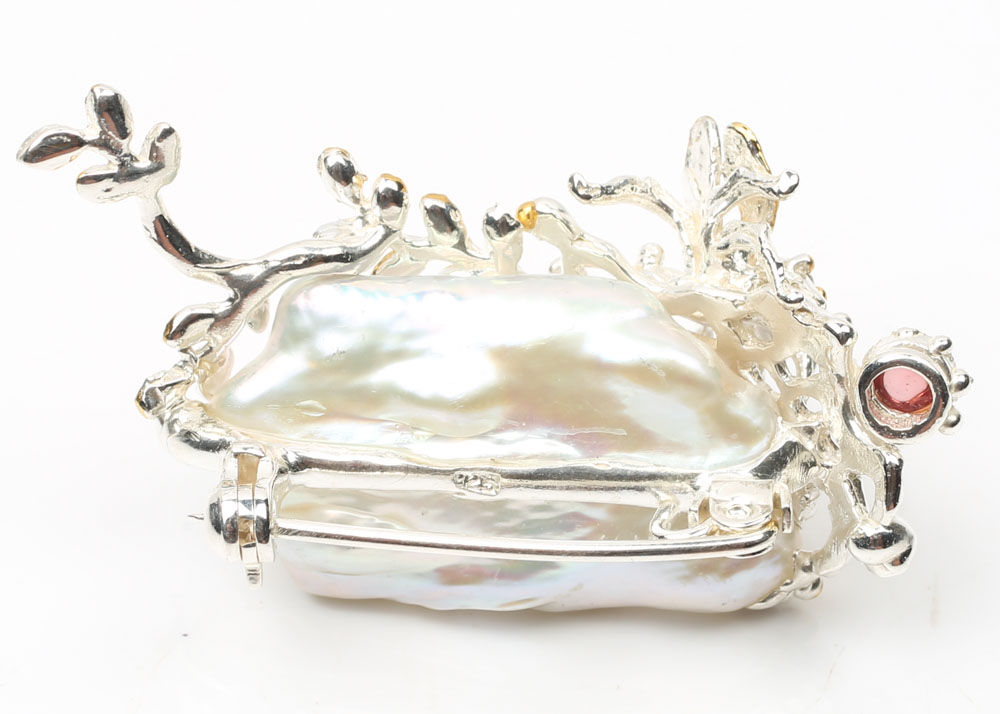 Sterling Freshwater Pearl, Garnet and Chrome Diopside Bee Brooch