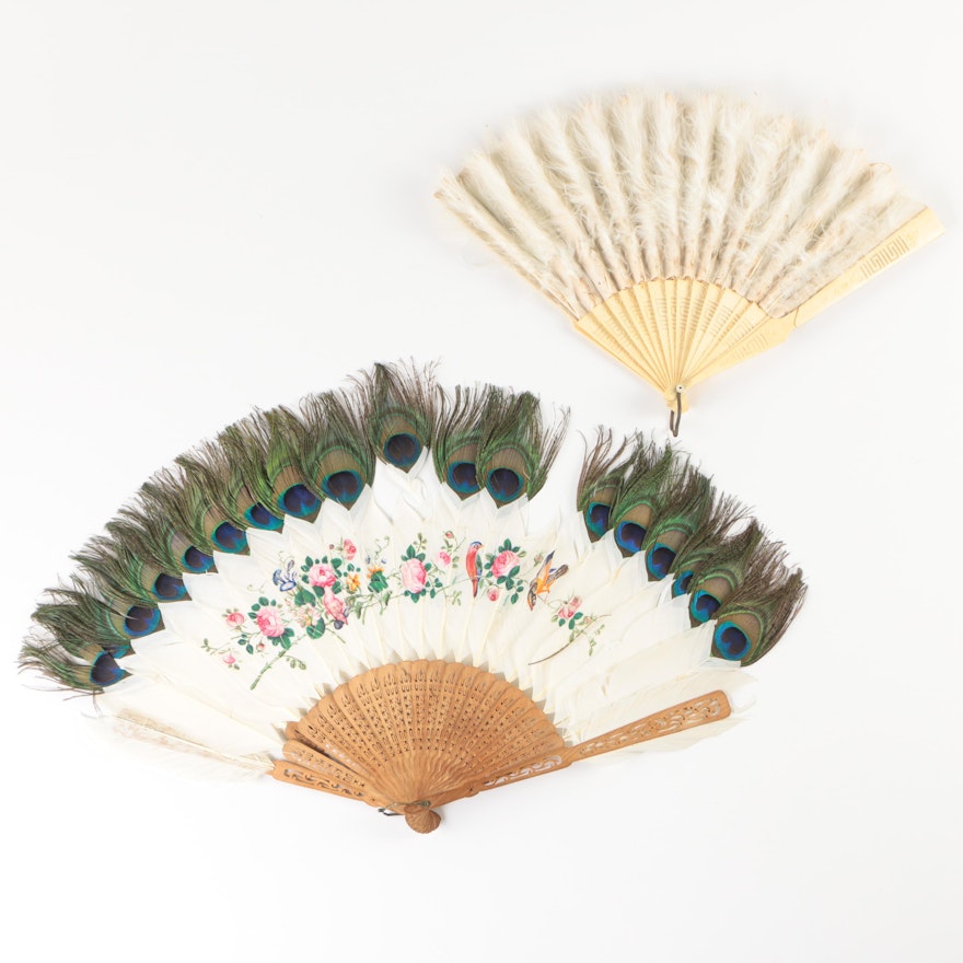 Antique Carved Bone and Wood Folding Fans with Silk and Feather Leafs