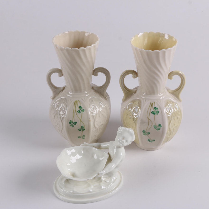 Belleek Porcelain "Shamrock" Vases and Royal Worcester Mermaid Trinket Dish