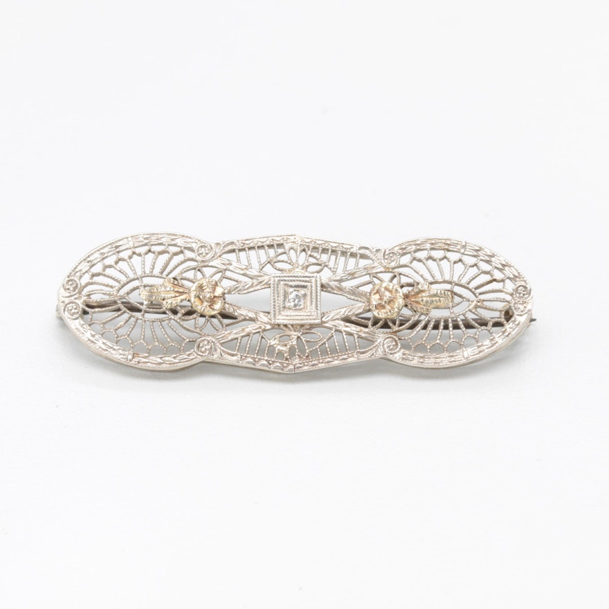 Circa 1930s 10K White Gold Diamond Filigree Brooch with Yellow Gold Accents