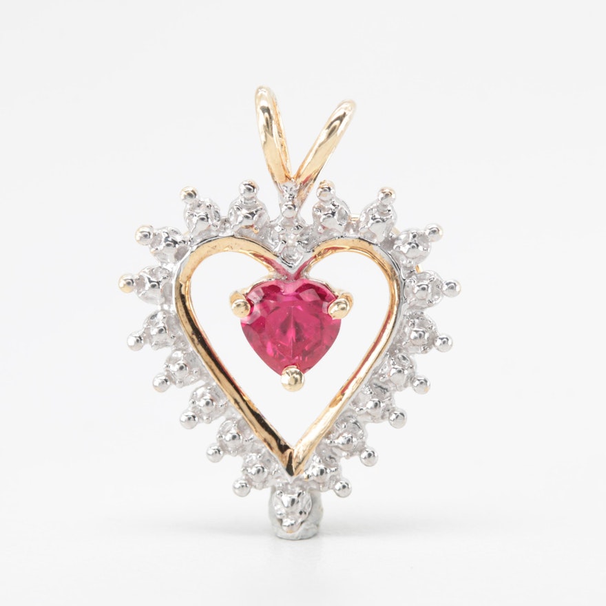 10K Yellow and White Gold Synthetic Ruby and Diamond Heart Pendant