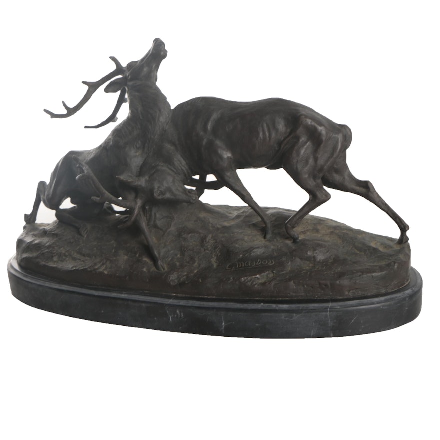 Brass Reproduction Sculpture after Clovis Masson "Combat of the Stags"