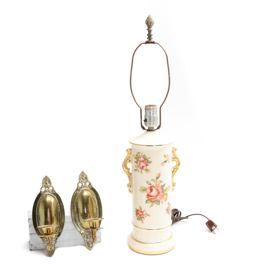 Vintage Ceramic Table Lamp with Brass Candle Sconces