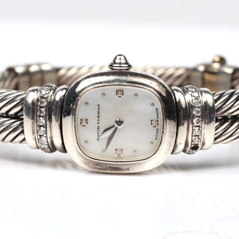 David Yurman Sterling Silver  Diamond and Mother of Pearl Watch