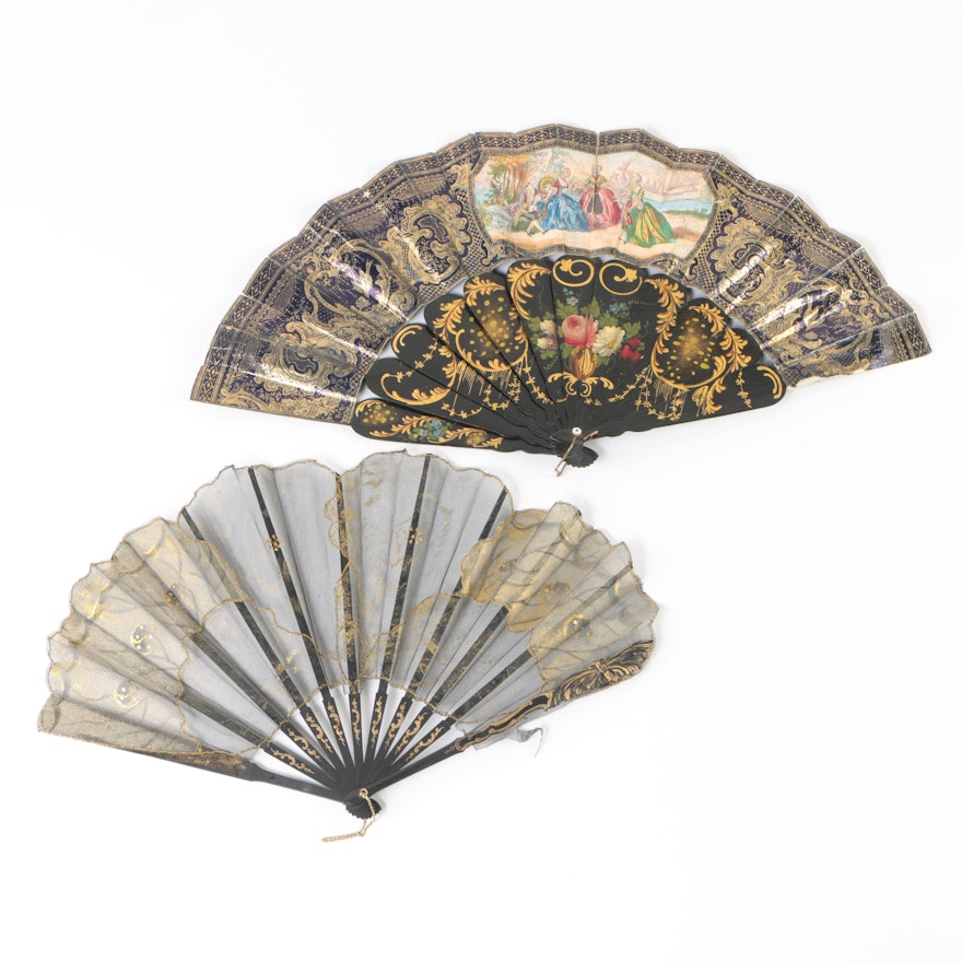 Antique Hand-Painted Wood and Cloth Folding Fans