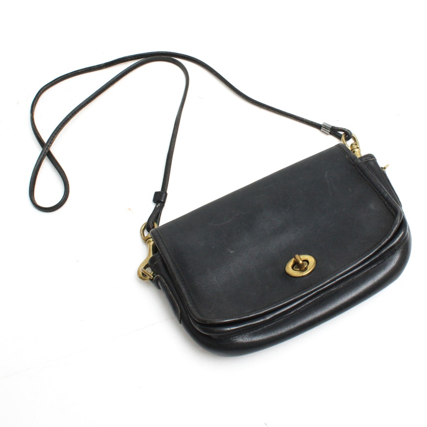 Early 1970s Vintage Coach Black Leather Crossbody Bag
