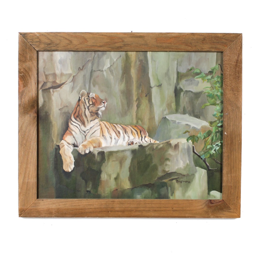 Boughman Oil on Board "Tiger on a Rock"