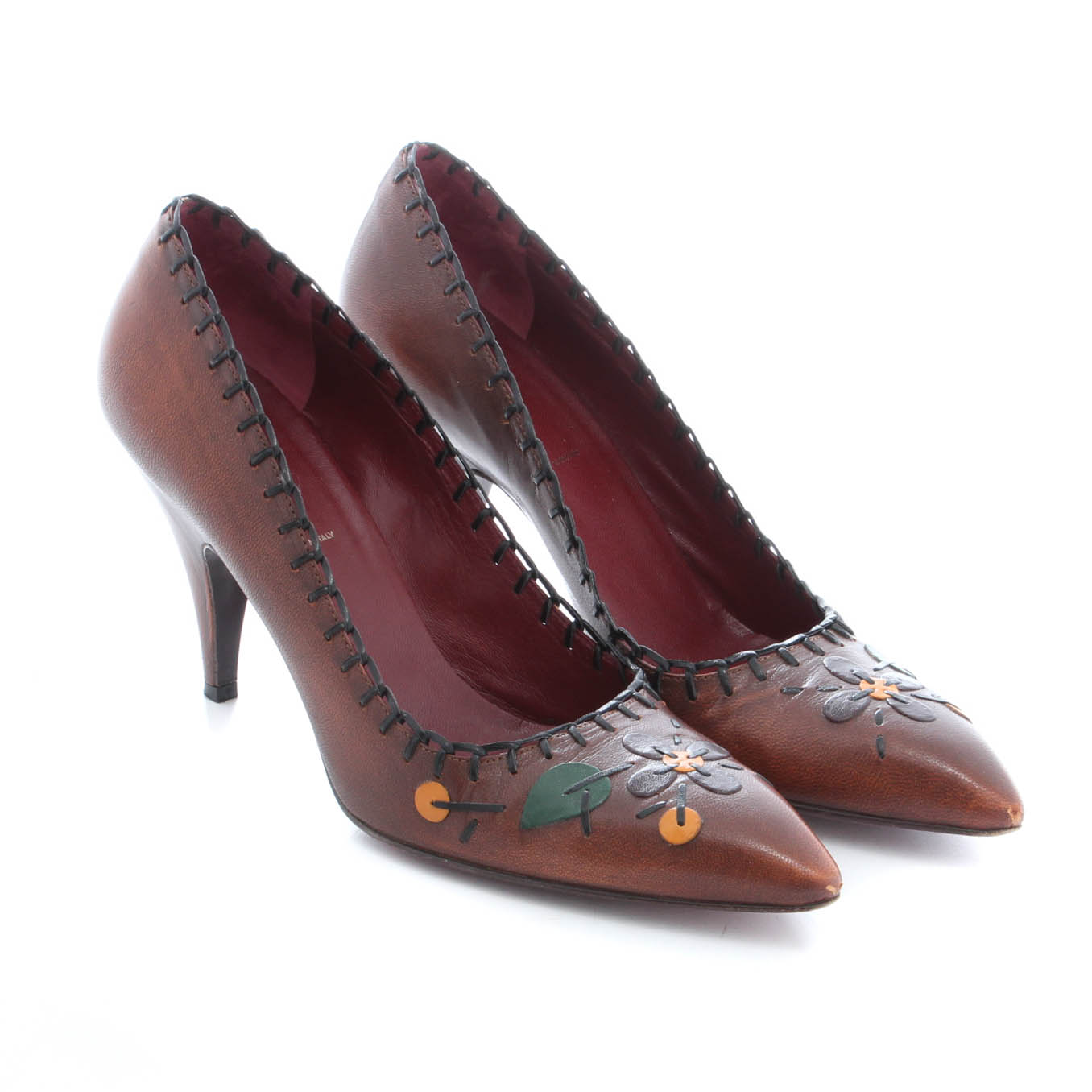 Prada Whip Stitched Leather Floral Pumps