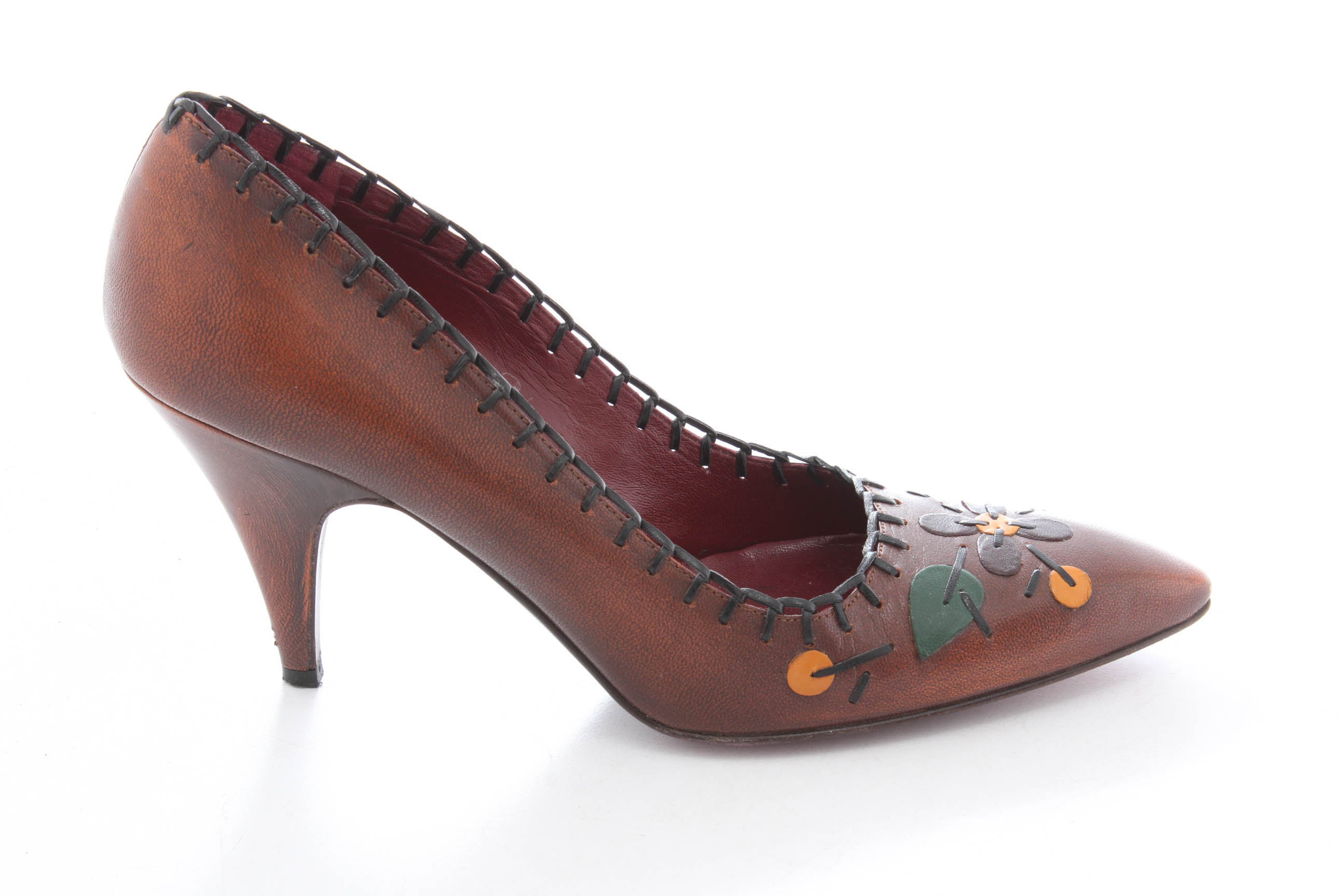 Prada Whip Stitched Leather Floral Pumps