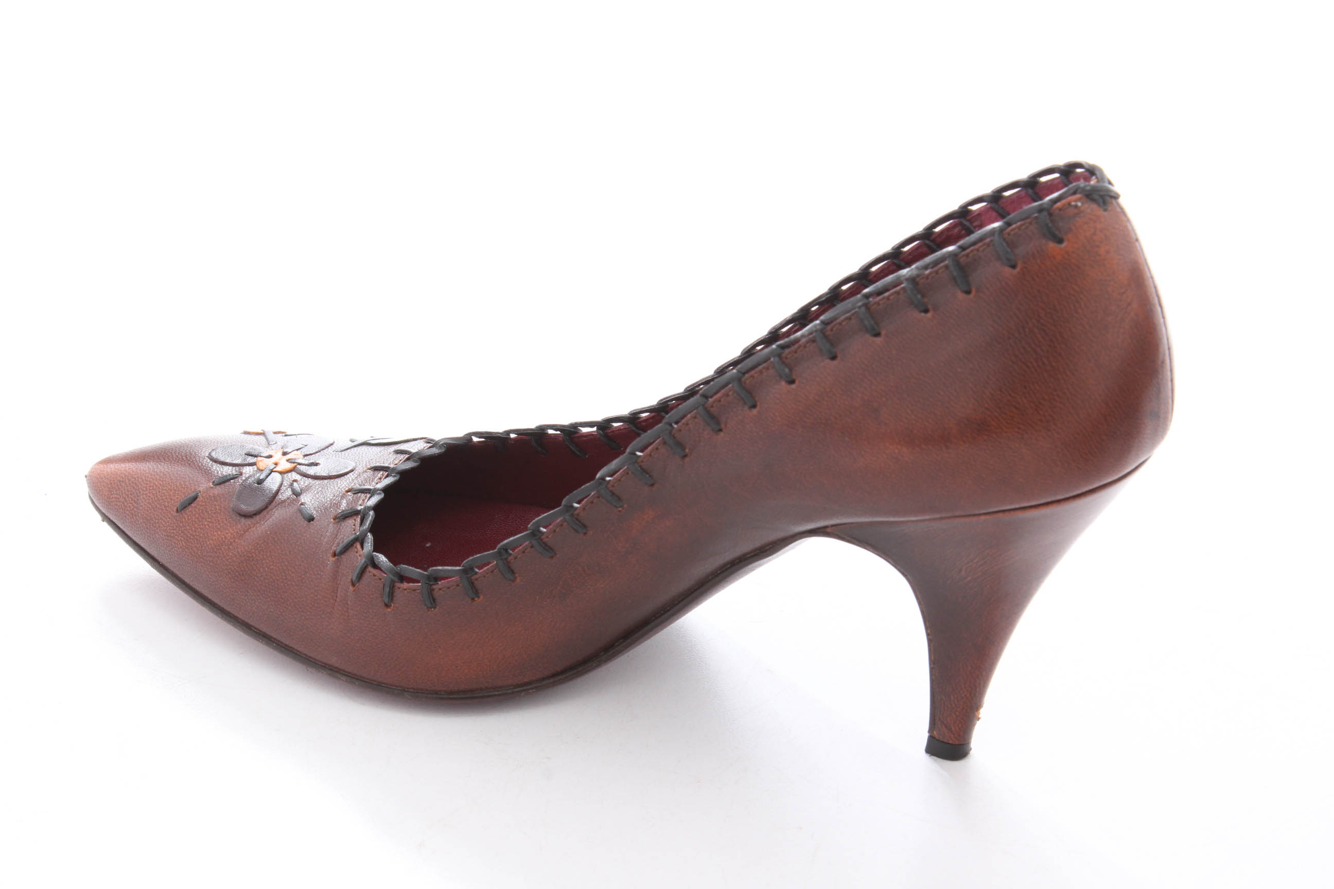 Prada Whip Stitched Leather Floral Pumps