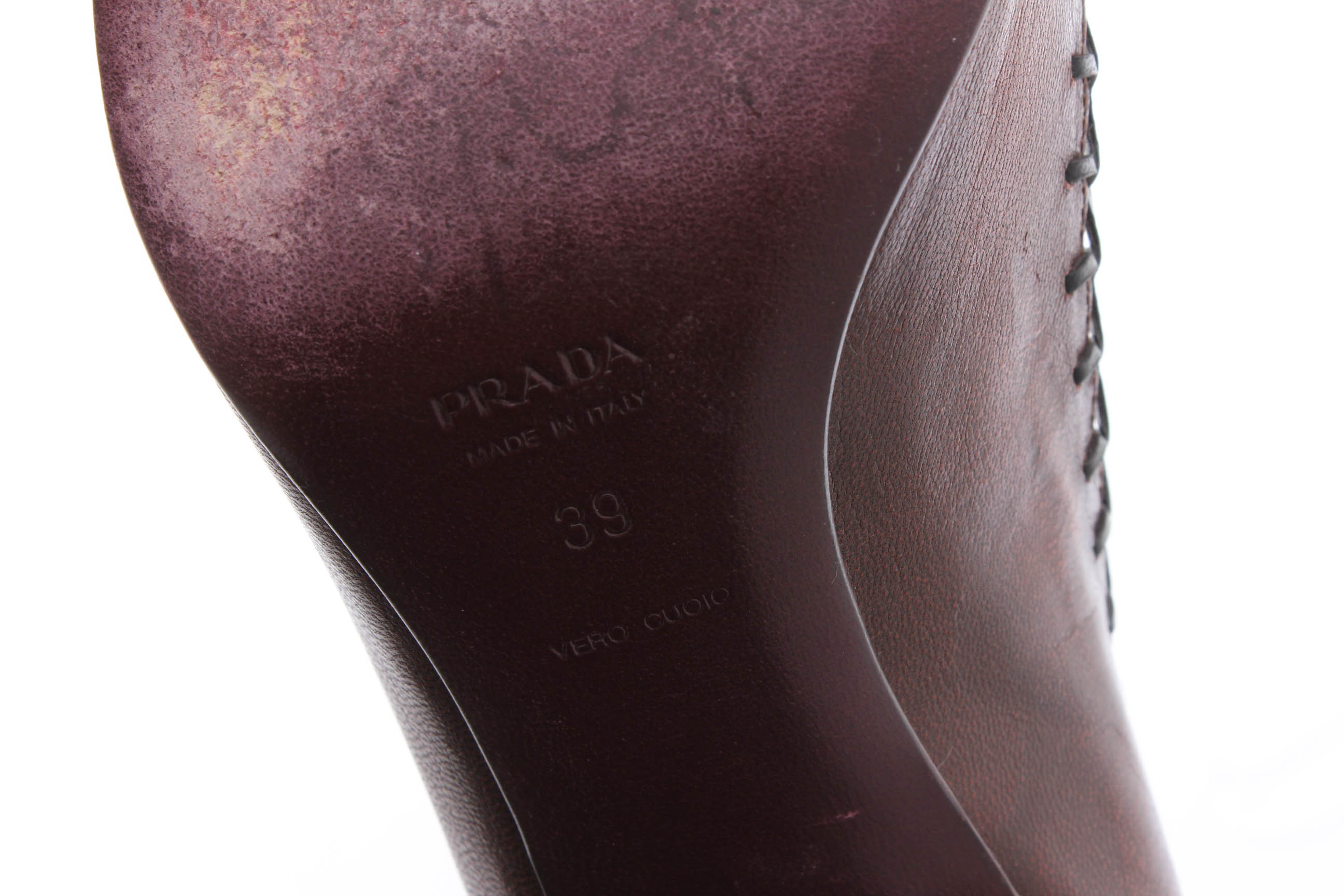 Prada Whip Stitched Leather Floral Pumps