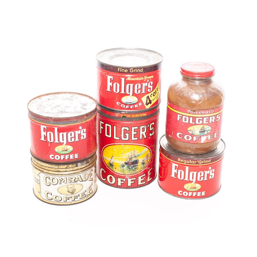 Vintage Folgers Coffee Cans and Jar