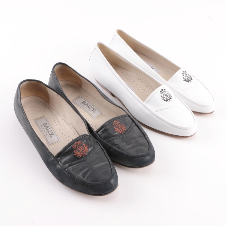 Women's Vintage Bally Leather Loafers with Embroidered Logo