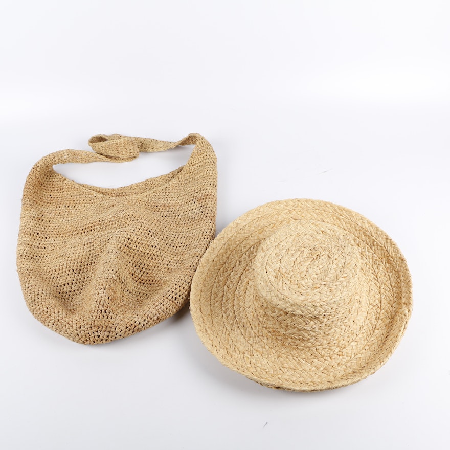 Helen Kaminski Woven Raffia Sun Hat and Handbag, made in Madagascar