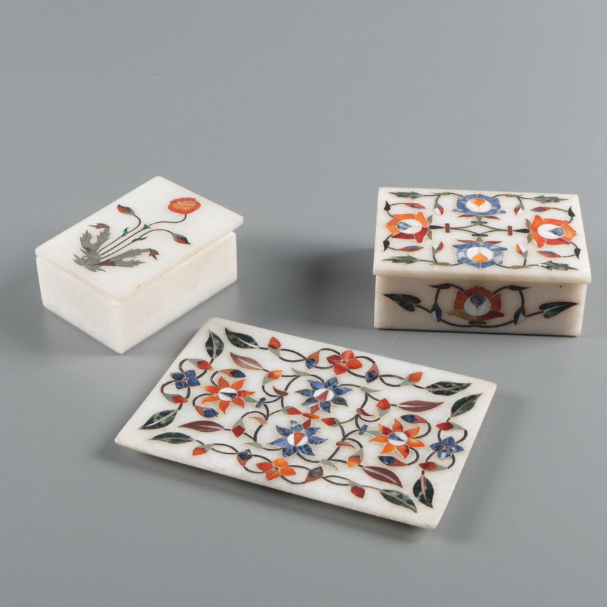 Indian Inlaid Caclite Floral Trinket Boxes and Tray by Subhash Emporium