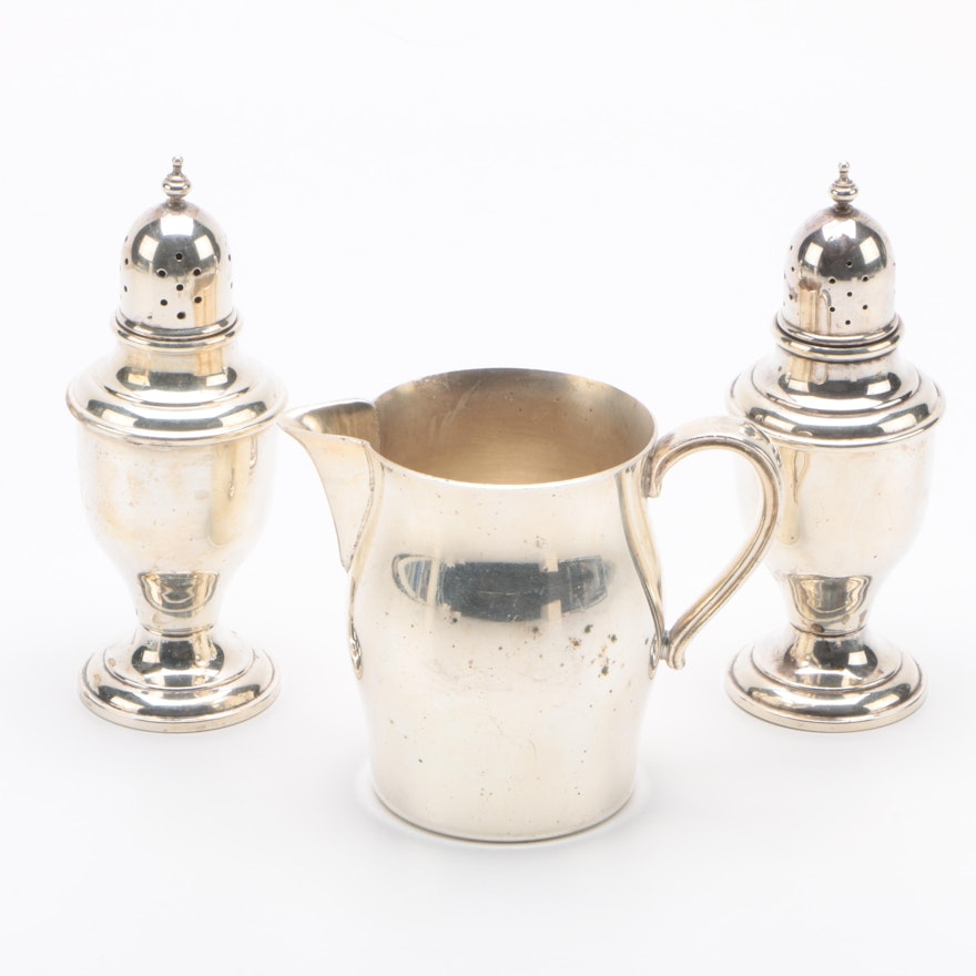 Newport Sterling Salt and Pepper Shakers with Paul Revere Silver Plate Creamer