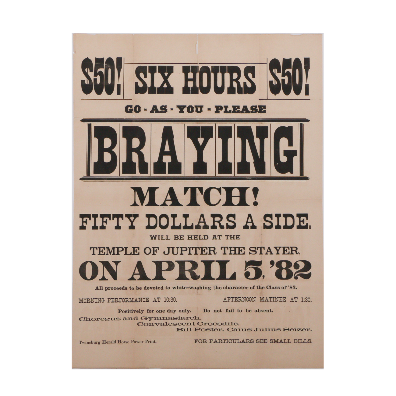 Original 1882 Lithographic Braying Match Poster