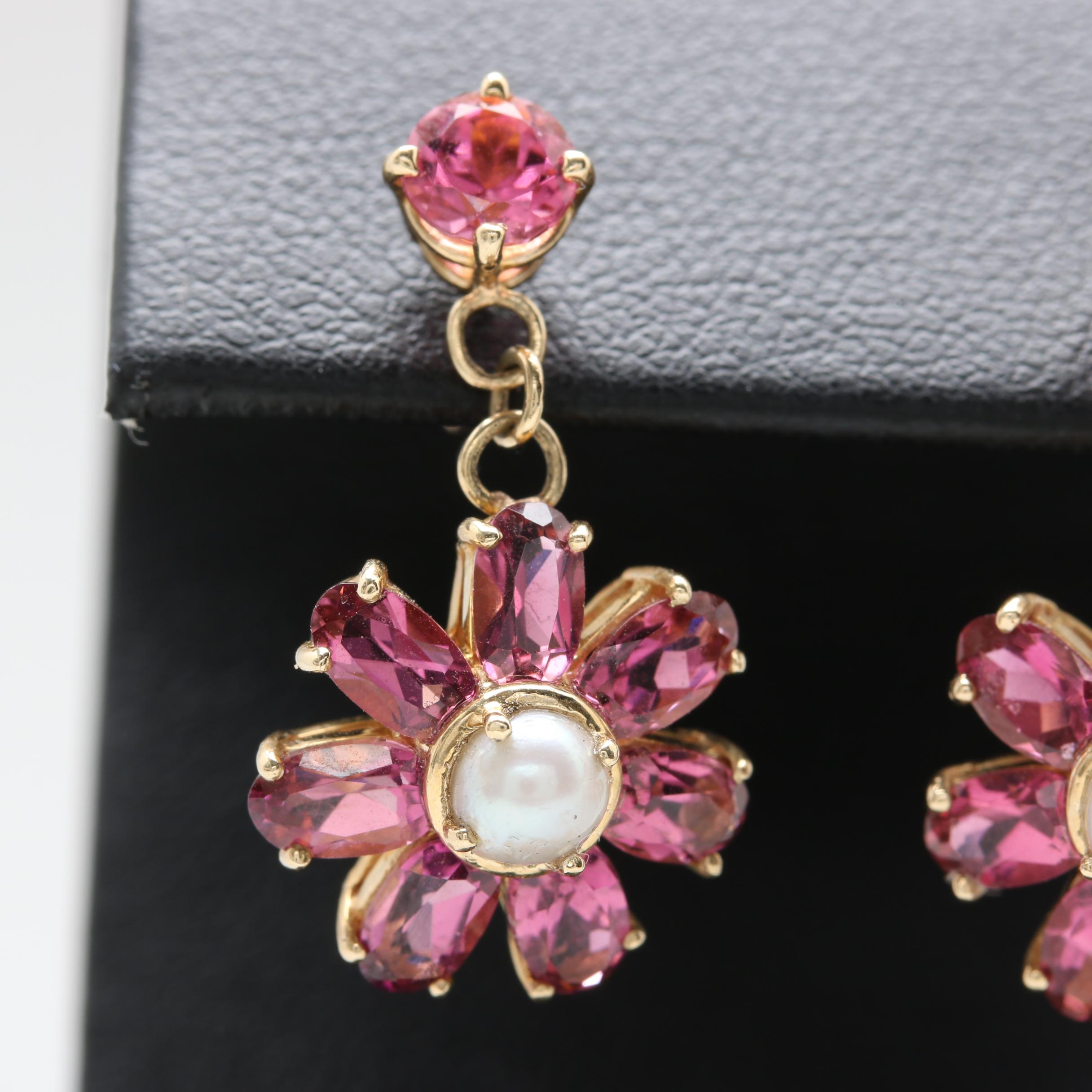 14K Yellow Gold Cultured Pearl and Pink Tourmaline Floral Drop Earrings
