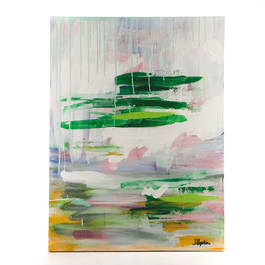 J. Popolin Acrylic Painting "Green Stripes with Drips"