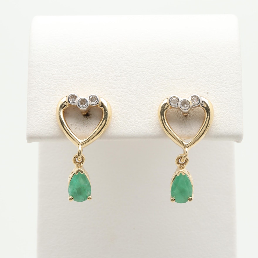 14K Yellow and White Gold Emerald and Diamond Earrings