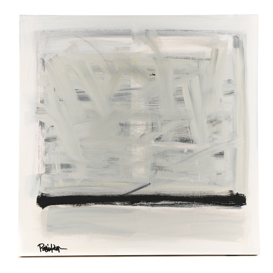 Robbie Kemper Acrylic Painting "Gray Square Black Stripe"