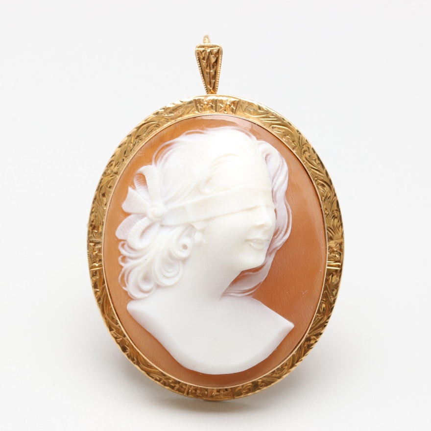 18K Yellow Gold Carved Shell Lady Justice Cameo Converter Brooch