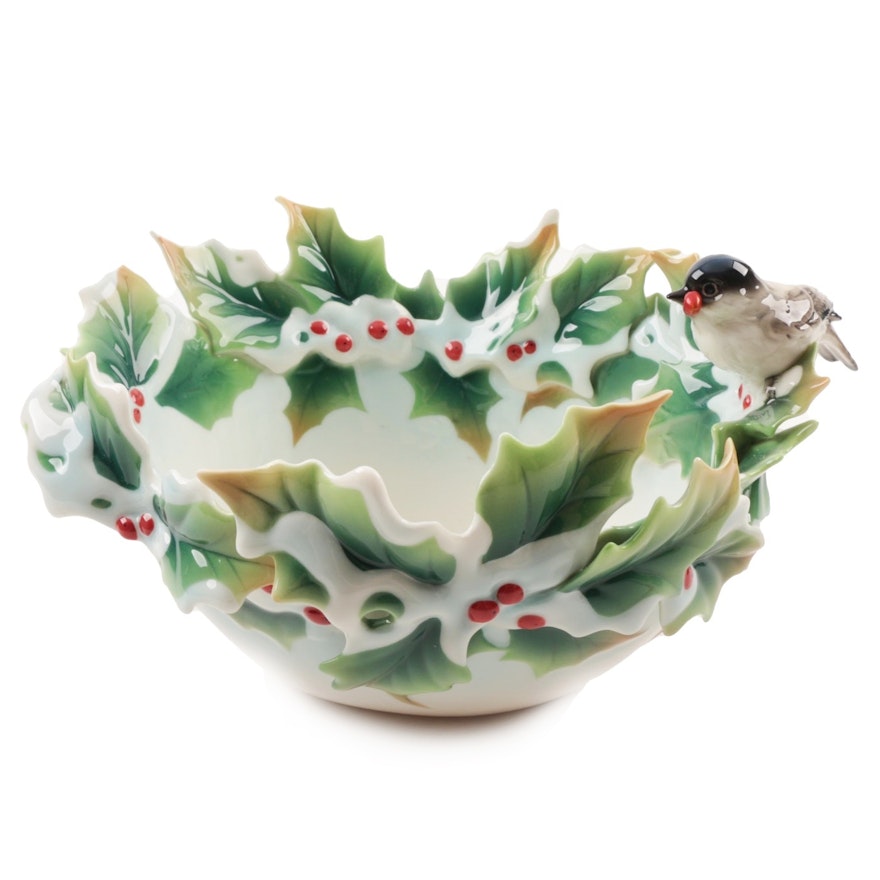 Franz Porcelain "Holiday Beginnings" Chickadee and Holly Bowl