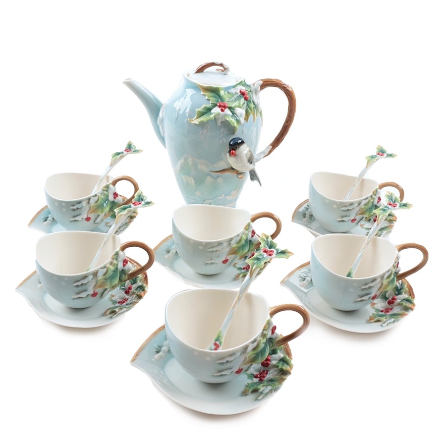 Franz Porcelain "Holiday Beginnings" Coffee Pot, Cups, Saucers and Spoons