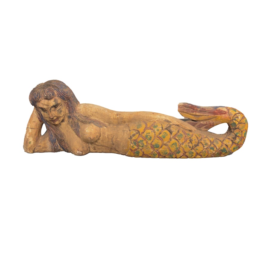 Carved Folk Art-Style Mermaid Sculpture
